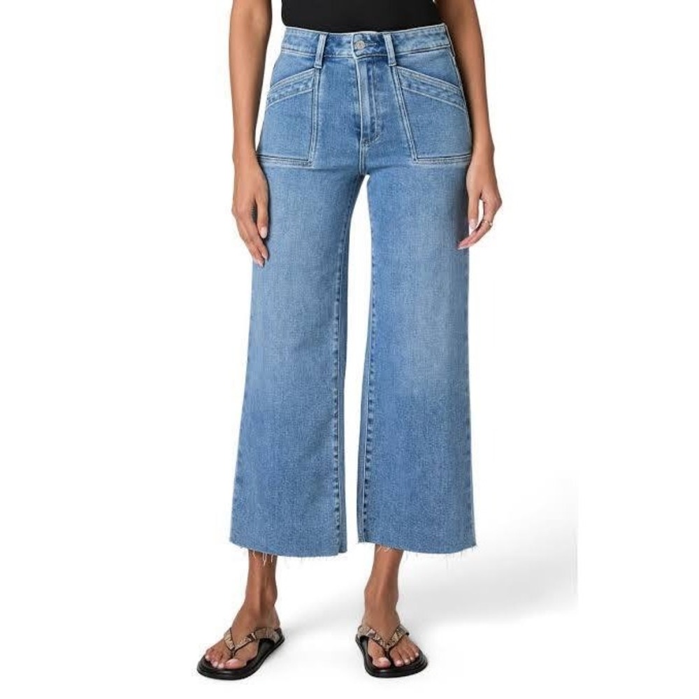 Paige Anessa High Rise Wide Leg Raw Hem Blue Jeans Size 26